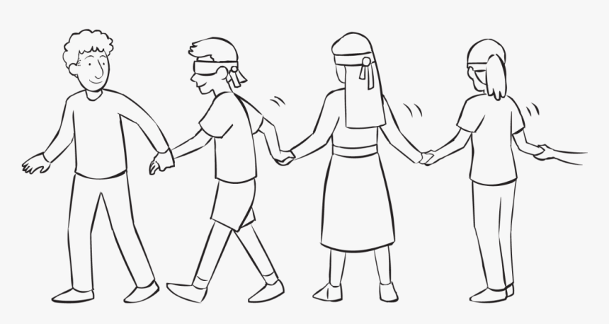 Team Of Blind Folded People Lead By Sighted Team Member, - Line Art, HD Png Download