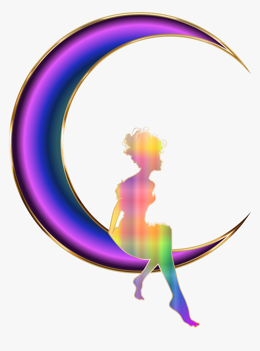 Chromatic Fairy Sitting On Crescent Moon No Background - Women Sitting On Moon, HD Png Download