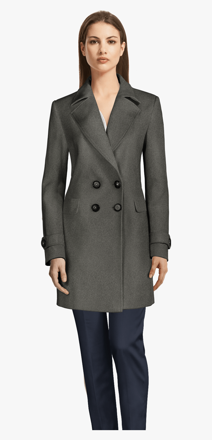 Long Light Grey Wool Trench Coat With Wide Lapels - Tartan Funnel Neck Coat, HD Png Download