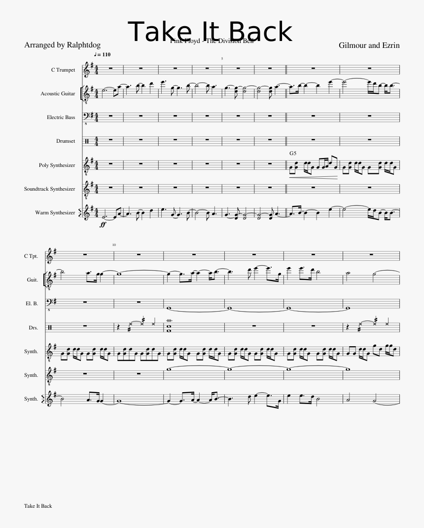 Partitura Take It Back Pink Floyd, HD Png Download