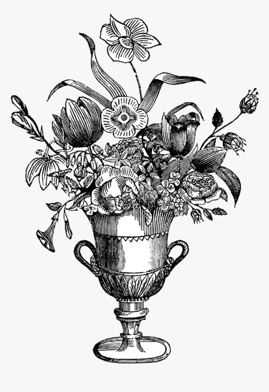Vintage Flower Vase Black And White, HD Png Download