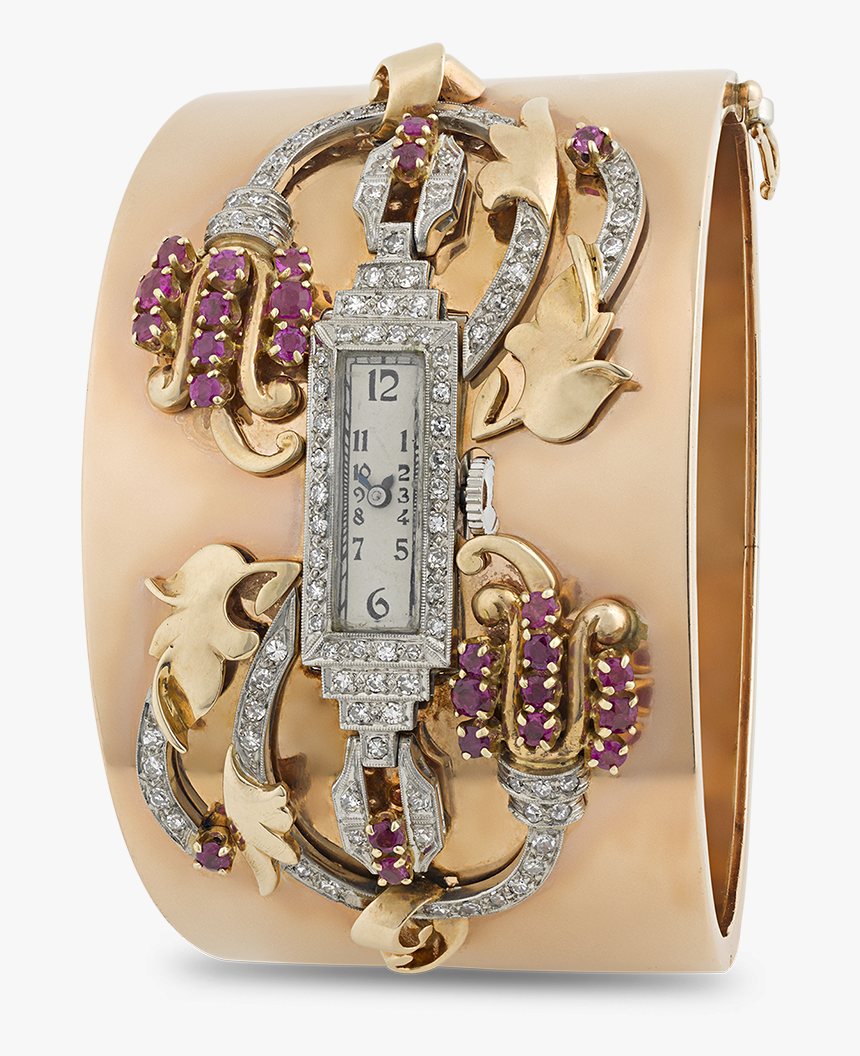 14k Rose Gold, Ruby And Diamond Watch Bangle - Analog Watch, HD Png Download