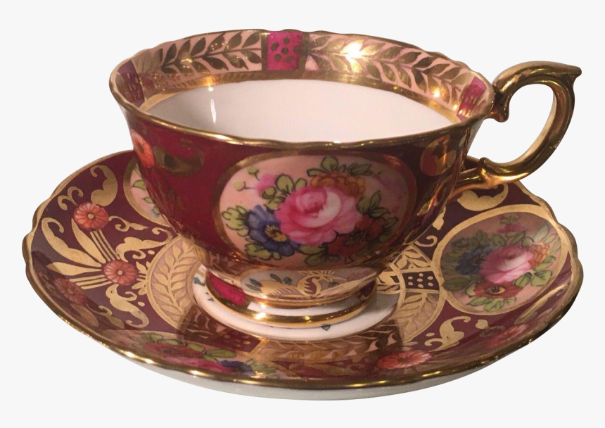 Vintage Crown Staffordshire Cobalt Red & Gold Floral - Transparent Background Vintage Tea Cup Png, Png Download