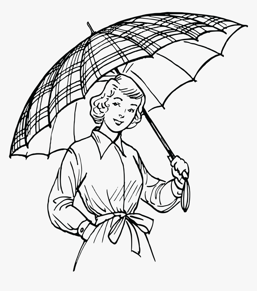 Free Clipart Of A Retro Black And White Woman With - Lady With Umbrella Drawing, HD Png Download