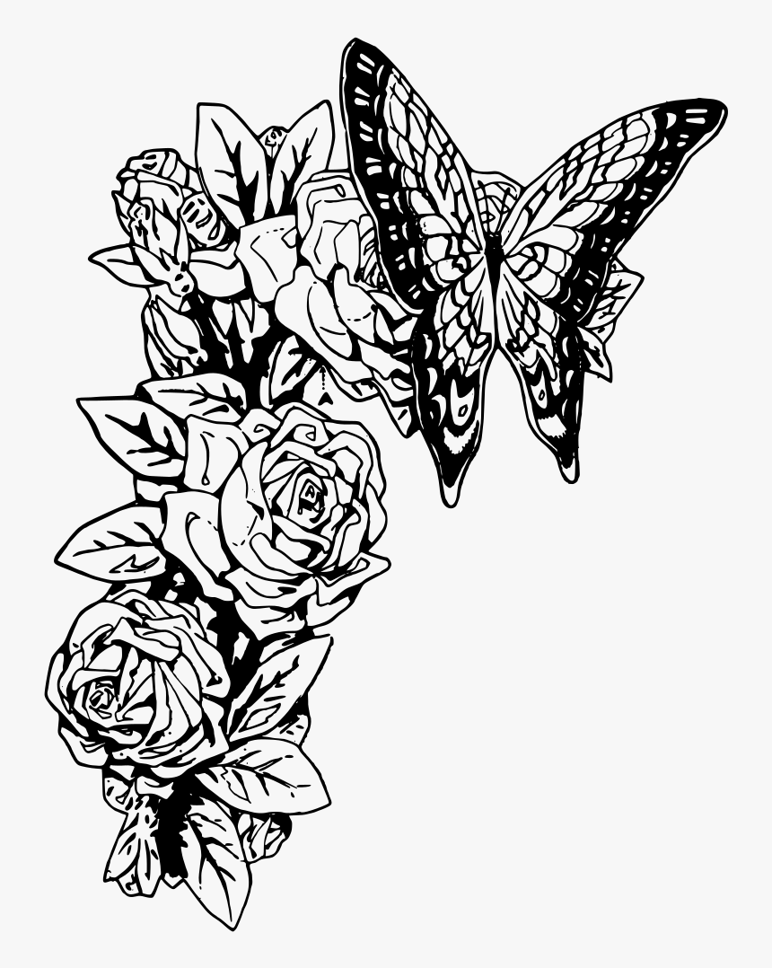 Butterfly And Roses - Butterfly Black And White Art, HD Png Download