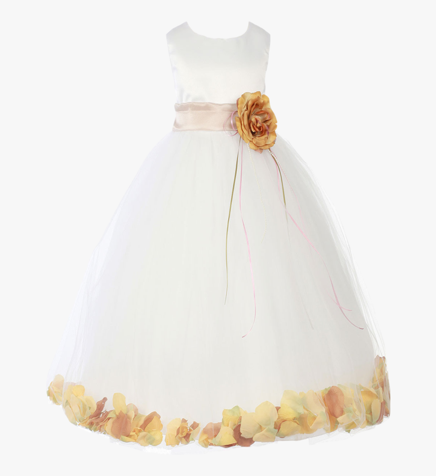 Champagne Satin & Tulle Flower Petal Dress W Sash - Gown, HD Png Download