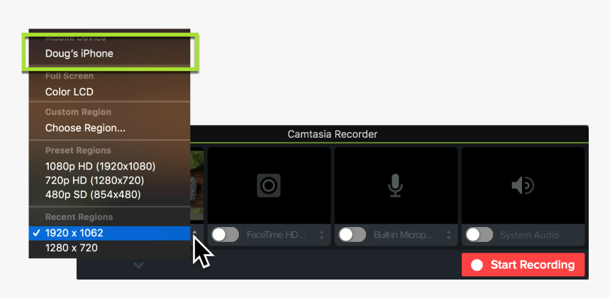 Camtasia Recorder Showing How To Select An Ios Device - Screen Recorder Camtasia, HD Png Download