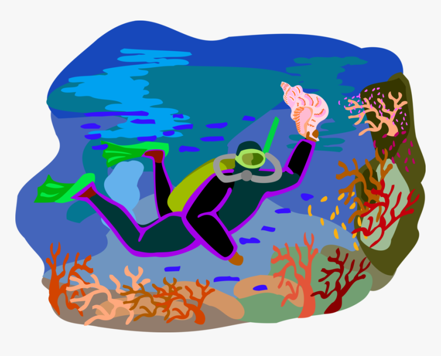 Vector Illustration Of Scuba Diver Finds Seashell While, HD Png Download