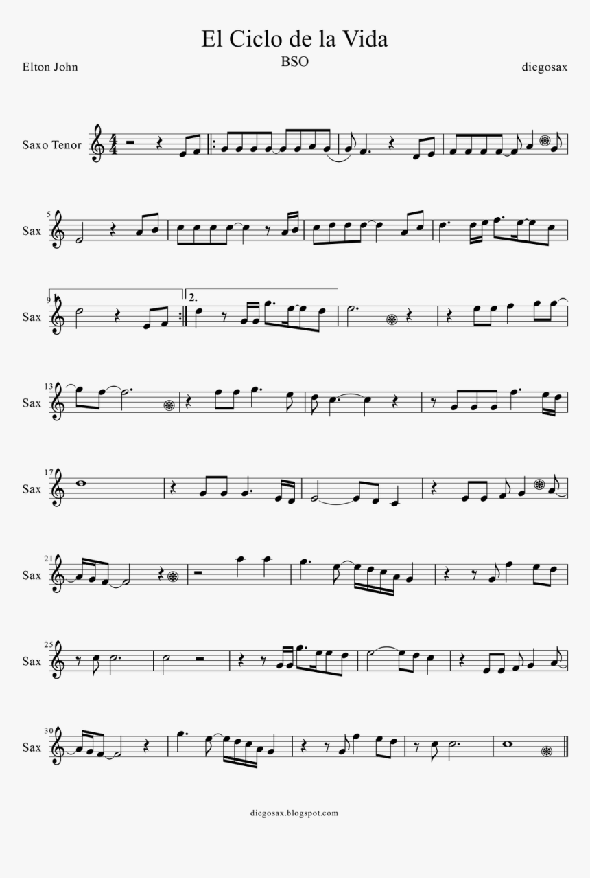 Partitura De El Ciclo De La Vida Para Saxofón Tenor - Adagio De Albinoni Partitura, HD Png Download