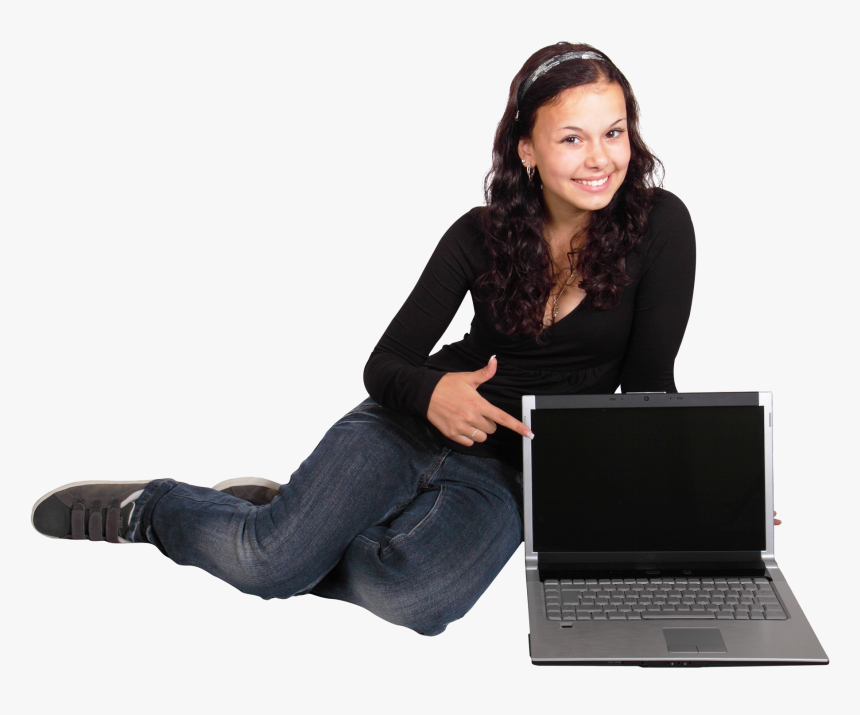 Happy Young Girl Sitting With Laptop Png Image - Girl Png, Transparent Png