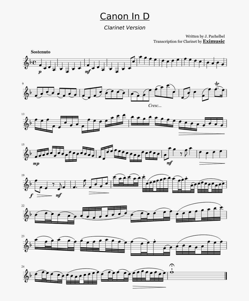 Canon In D Partitura Clarinete, HD Png Download