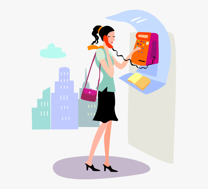Vector Illustration Of Young Woman Makes Call From - Young Woman Clip Art, HD Png Download