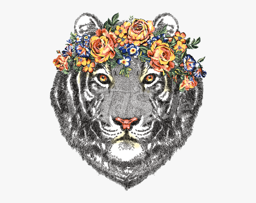 Tiger Head With Flowers - Illustration, HD Png Download