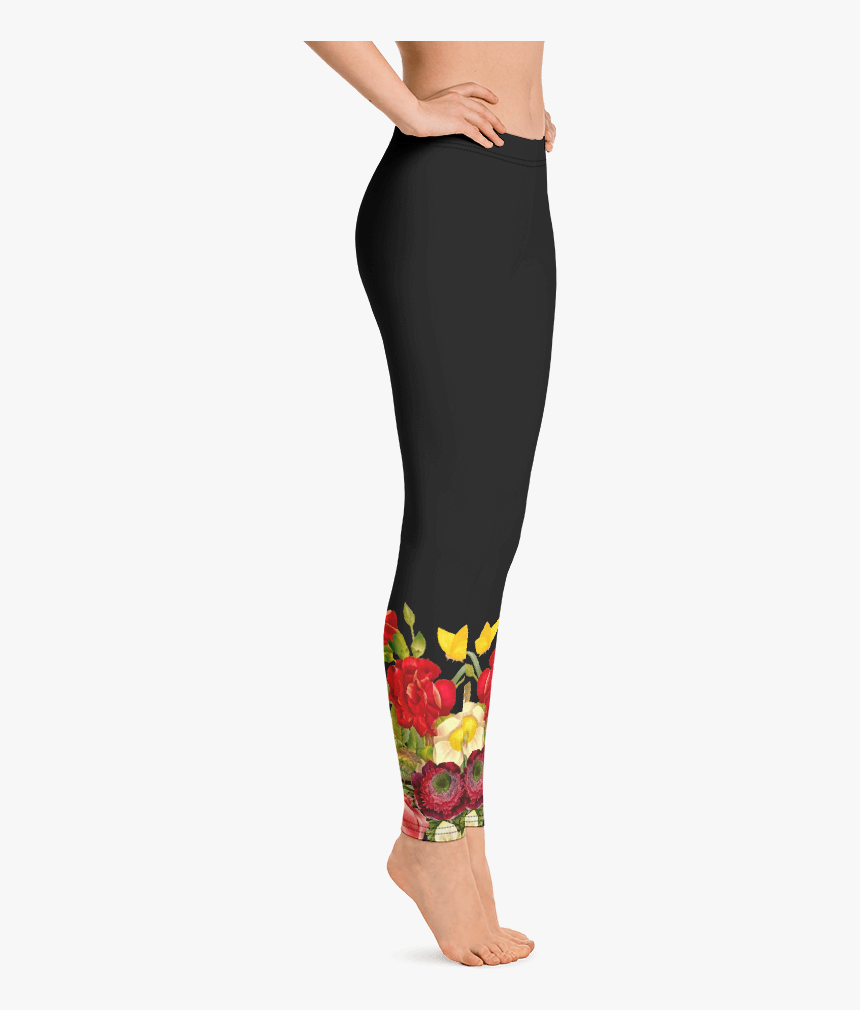 Black Flower Leggings Right Side - Leggings, HD Png Download