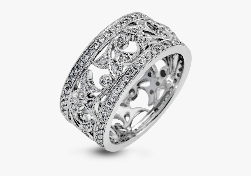Simon G 18k White Gold Detailed Vintage Floral Pattern - Right Hand Ring, HD Png Download