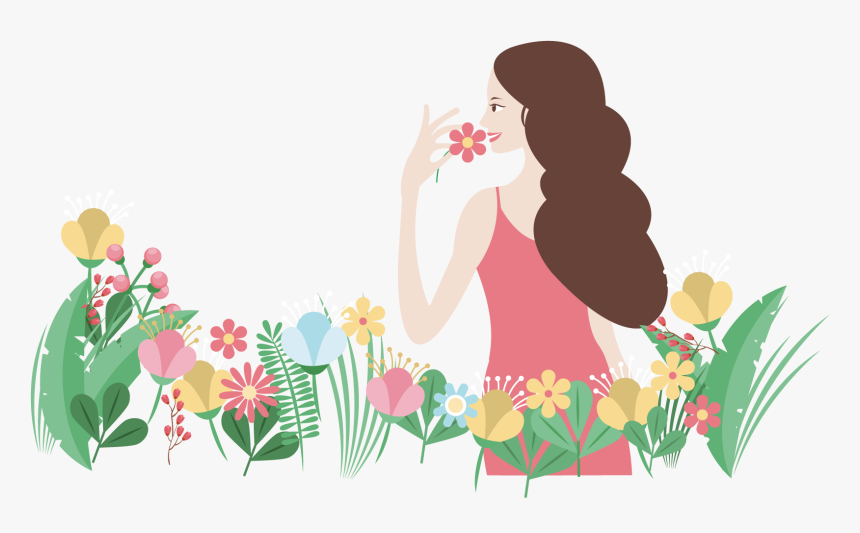 卡通手绘拿着花的女生矢量图 - Cô Gái Cam Hoa Vector, HD Png Download