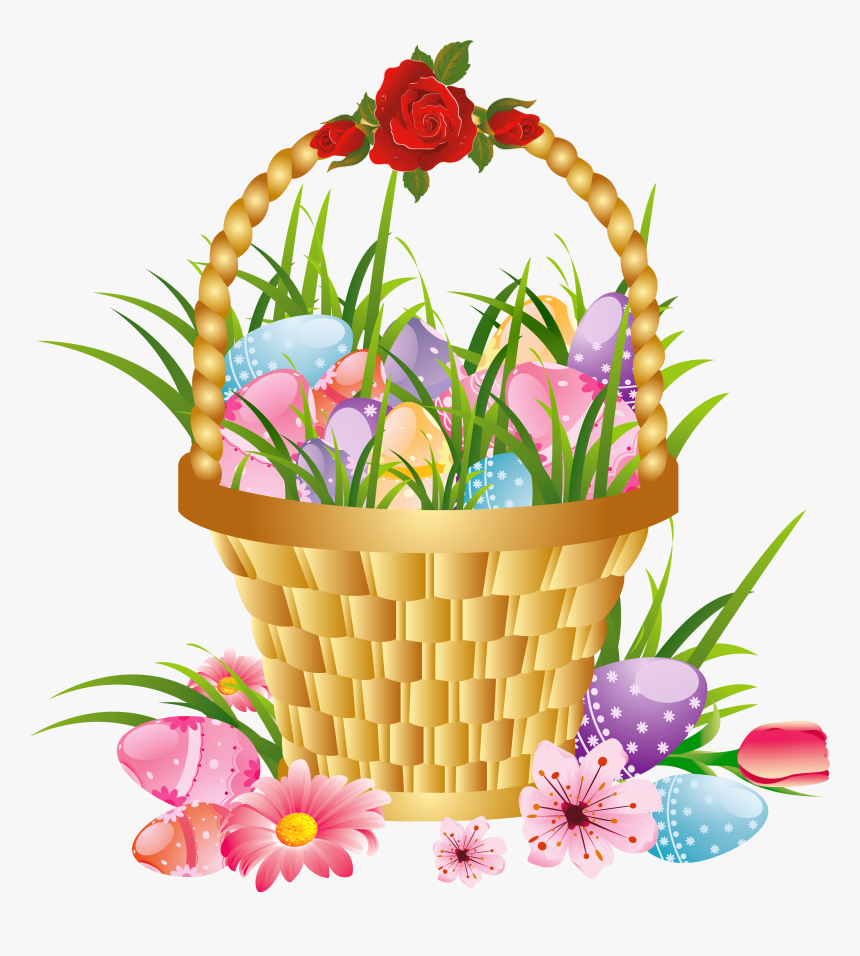 Easter Basket Clipart With A Cross In It Transparent - Flower Basket In Cartoon, HD Png Download