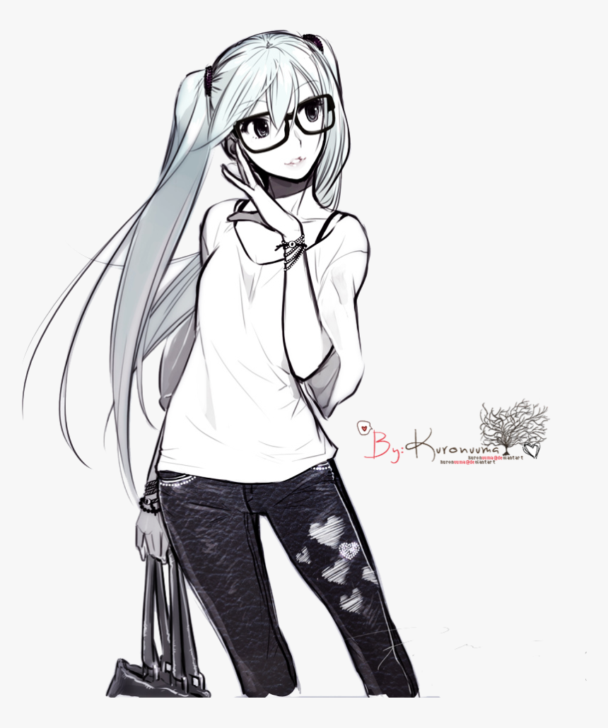 Black Hair Black And White Long Hair - Hatsune Miku Casual Clothes, HD Png Download