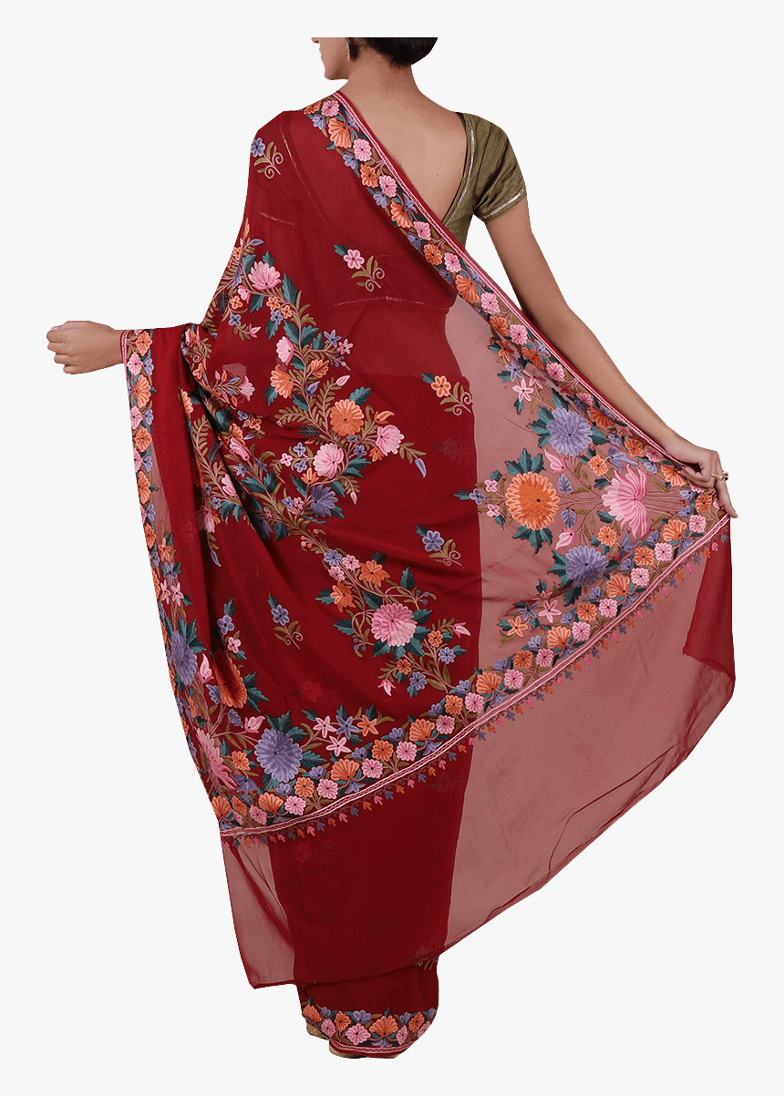 Deep Red Suzani Embroidered Tabi Silk Saree - Silk, HD Png Download