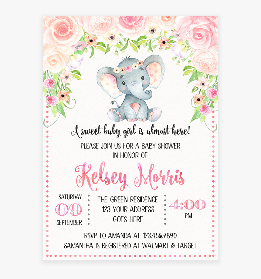 Elephant Baby Shower Png - Floral Elephant Baby Shower Invitations, Transparent Png