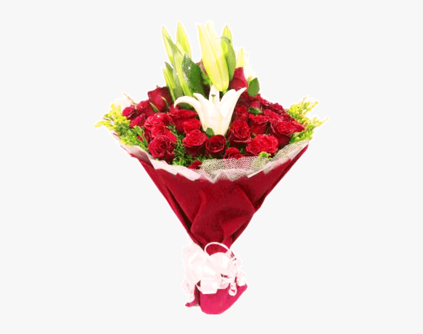 3 Lilly With 50 Red Roses Paper Pack - Bouquet, HD Png Download