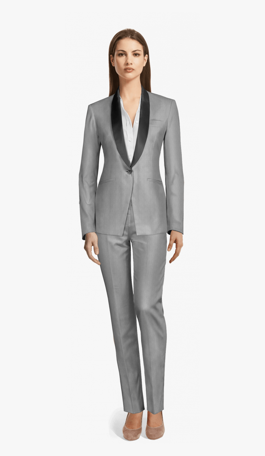 Silver Shiny Tuxedo With Shawl Black Lapels-view Front - Double Breasted Plaid Suits For Women, HD Png Download