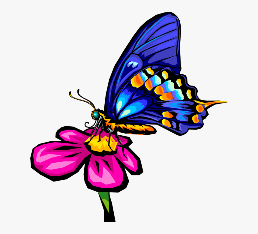 Vector Illustration Of Blue Butterfly Winged Insect - Pink Flower With Butterfly Clipart, HD Png Download