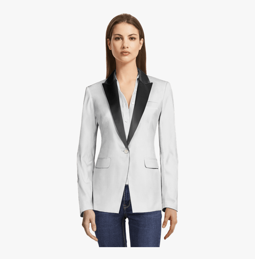 White Linen Tuxedo Blazer With Black Lapels-view Front - Lapel, HD Png Download