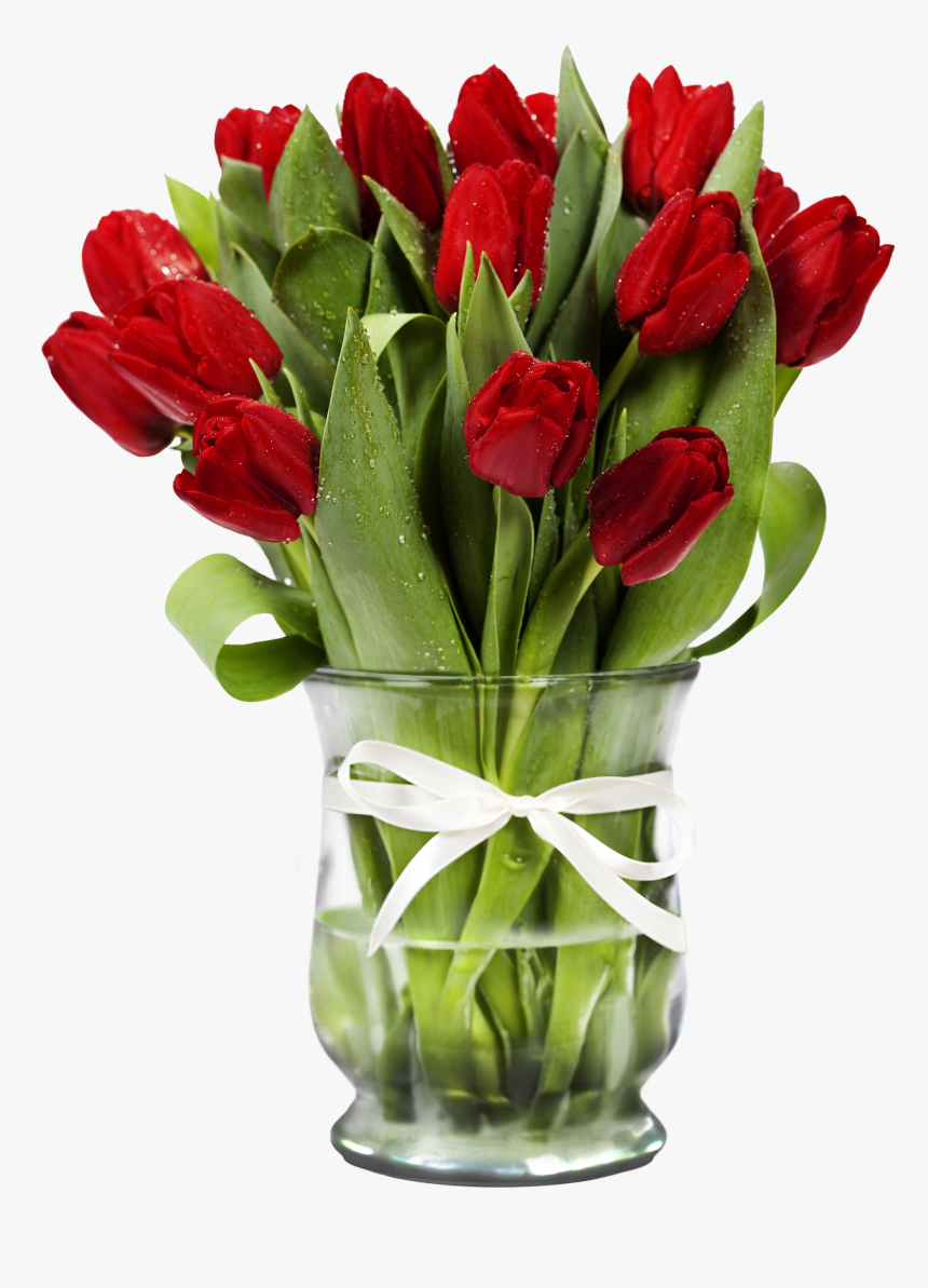 Transparent Vase With Red Tulips - Vase Of Flowers Png, Png Download