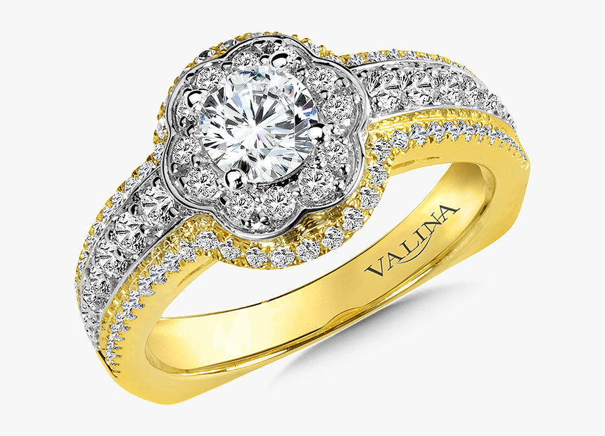 Valina Diamond Halo Engagement Ring Mounting In 14k - Engagrment Ring Yellow And White Diamond, HD Png Download