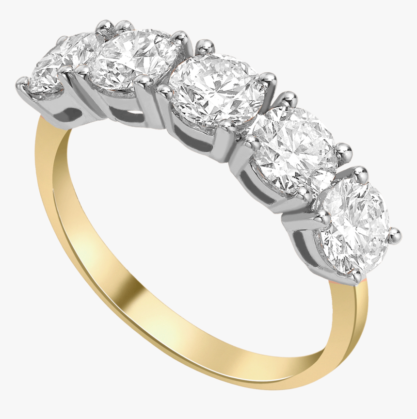 Round H-si Diamond 5 Stone Eternity Ring Set In 18ct - Yellow Gold 5 Diamond Ring, HD Png Download