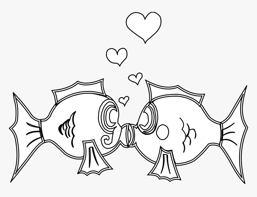Fish In Love Black White Line Art Coloring Book Colouring - Clip Art In Love Black And White, HD Png Download