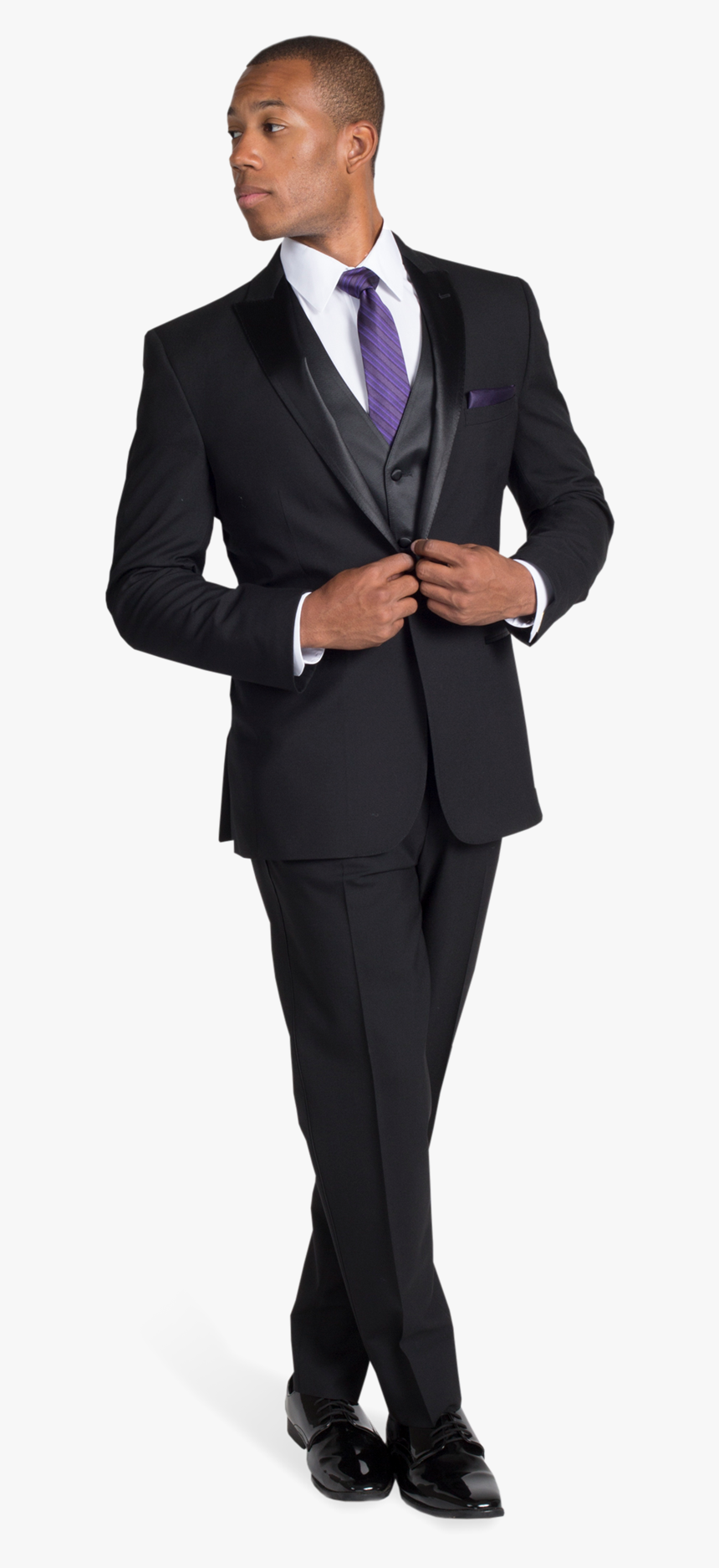 Black Peak Lapel Tuxedo With Purple Tie - Black Tuxedo With Purple, HD Png Download