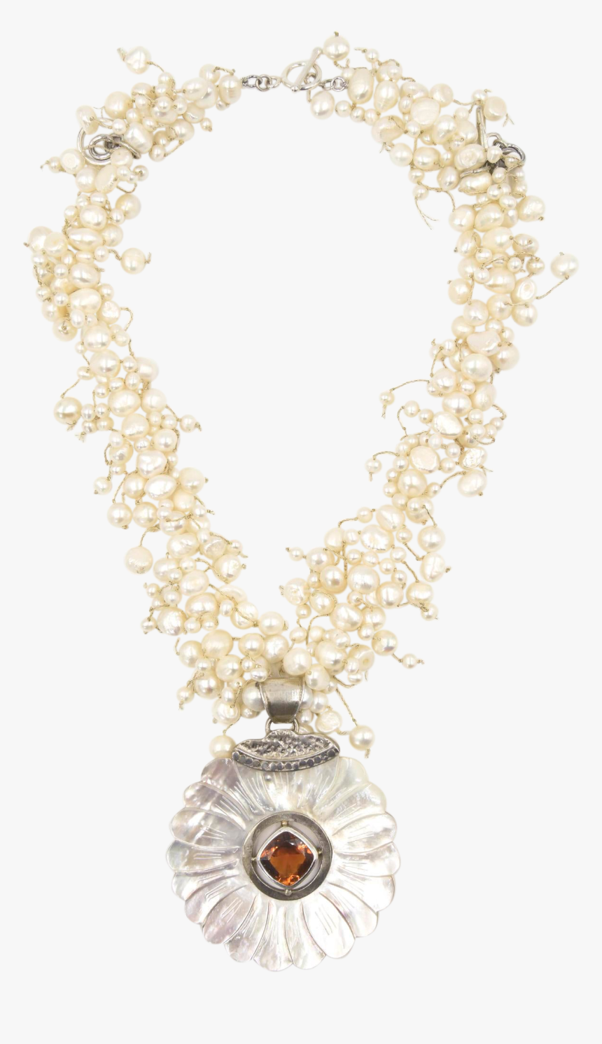 Citrine, Pearl, & Mother Of Pearl Flower Sterling Necklace - Necklace, HD Png Download