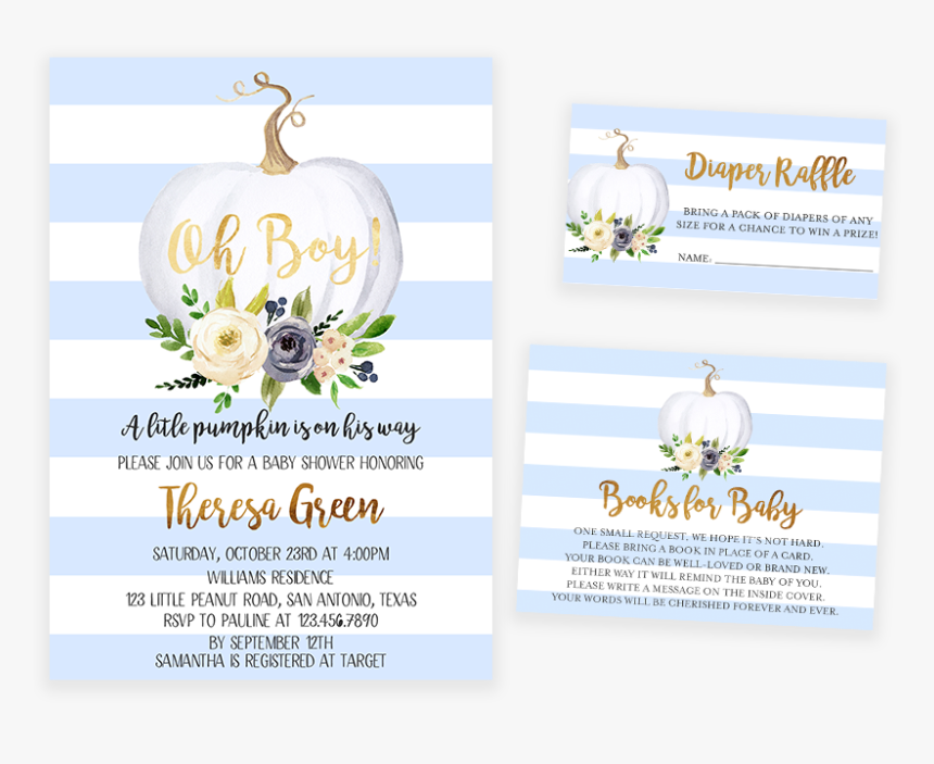 Blue Pumpkin Floral Baby Shower Invitation Pack - Blue Pumpkin Baby Shower Invitations, HD Png Download