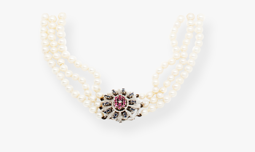 Vintage 3-strand Pearl Necklace With Ruby, Diamond - Necklace, HD Png Download