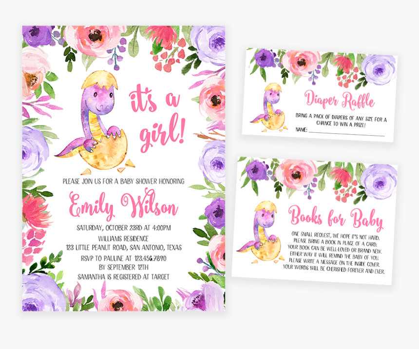 Purple And Pink Dinosaur Baby Shower Invitation Pack - Dinosaur Baby Shower Purple, HD Png Download