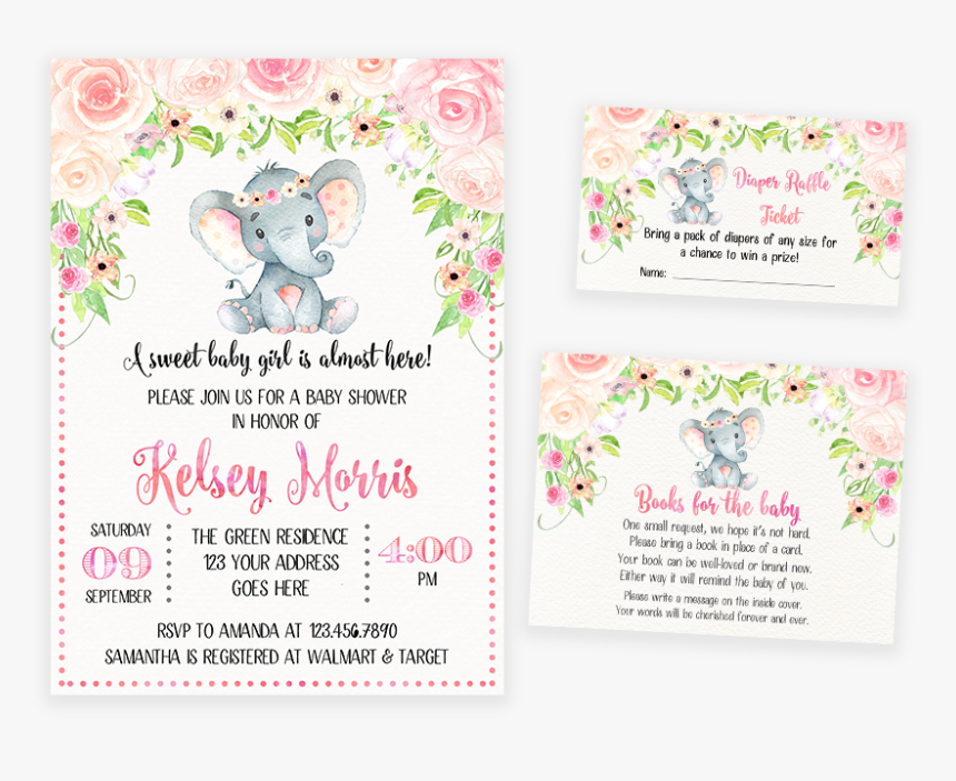 Blush Pink Floral Elephant Baby Shower Invitation Pack - Blush Pink Floral Elephant Baby Shower Invitations, HD Png Download