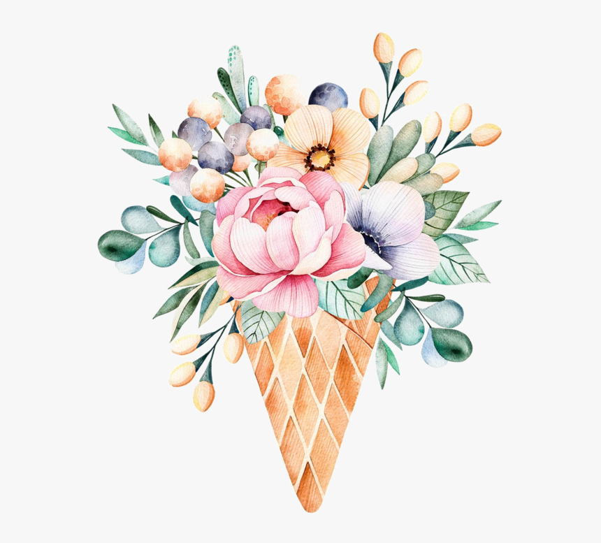 Watercolor Flower Bouquet Waffle Cone, HD Png Download