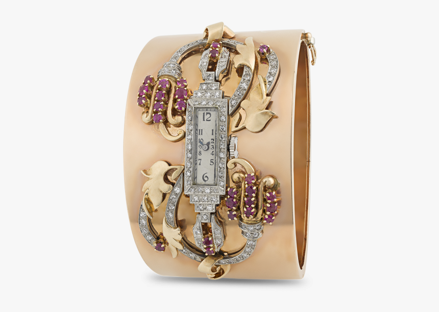 14k Rose Gold, Ruby And Diamond Watch Bangle - Analog Watch, HD Png Download