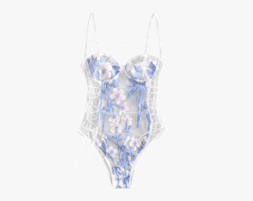 Floral Embroidered Lace Up Teddy Bodysuit, HD Png Download