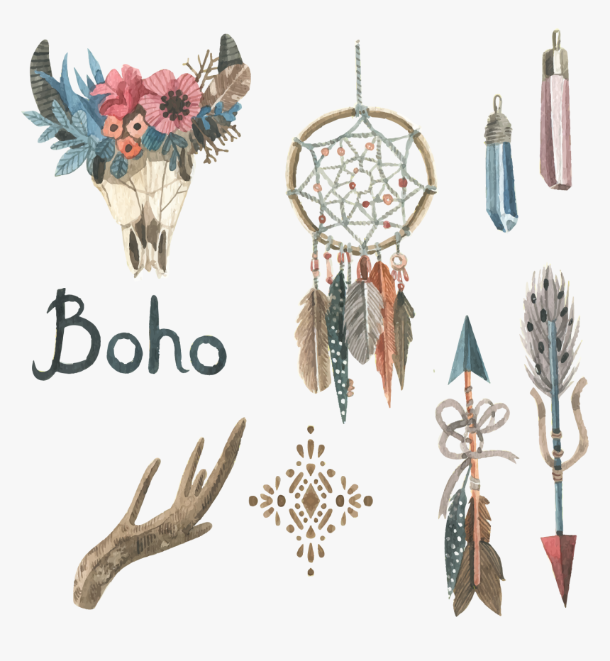 部落风格羽毛装饰图片 - Watercolor Boho Vector Shapes, HD Png Download