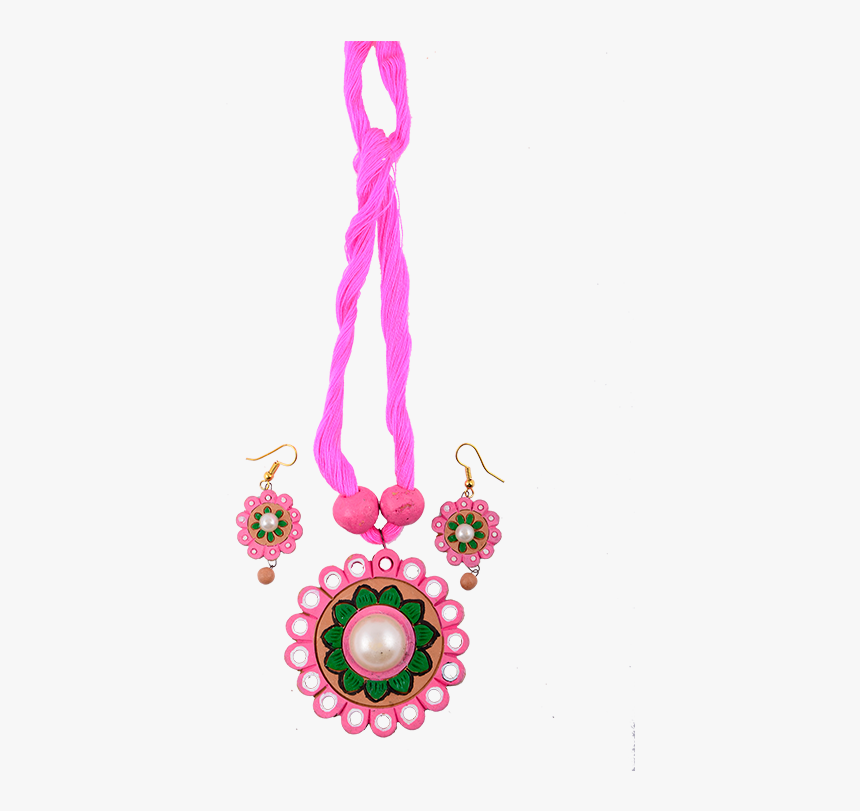 Terracotta Pink Necklace With Green Flower Pattern - Chain, HD Png Download