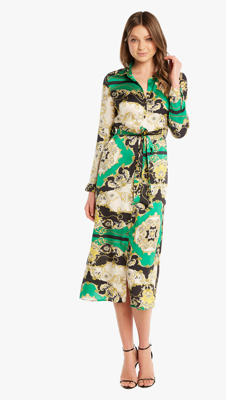 Scarf Pr Shirt Dress In Colour Classic Green - Bardot Scarf Print Dress, HD Png Download