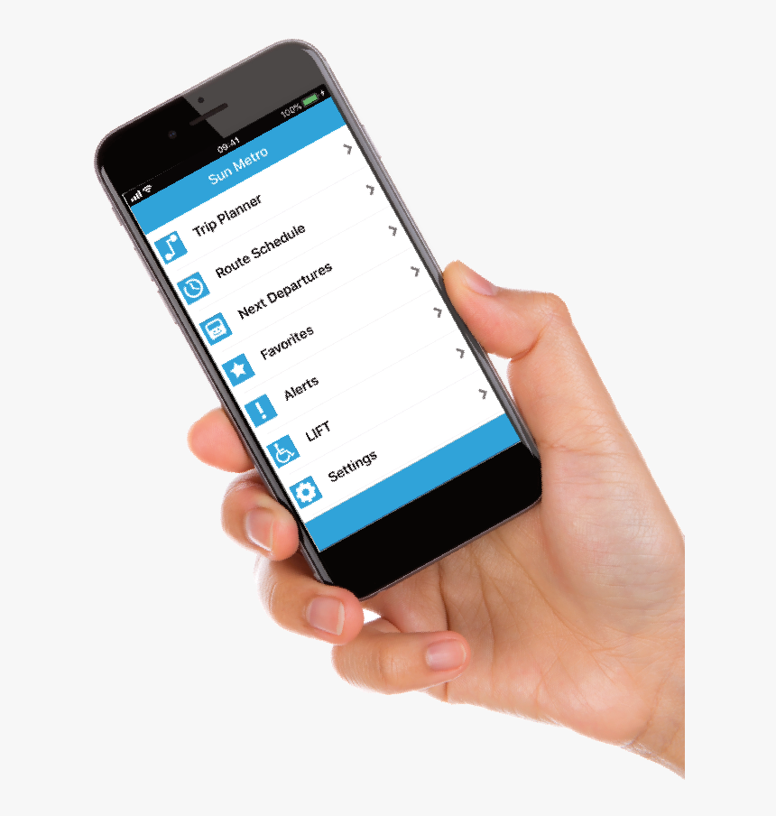 Hand Holding An Iphone With The Sun Metro App Running - Mobile Device, HD Png Download