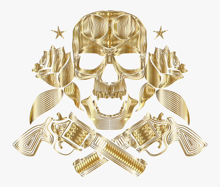 Flowers And Firearms Skull Line Art Gold No Bg - Emblem, HD Png Download