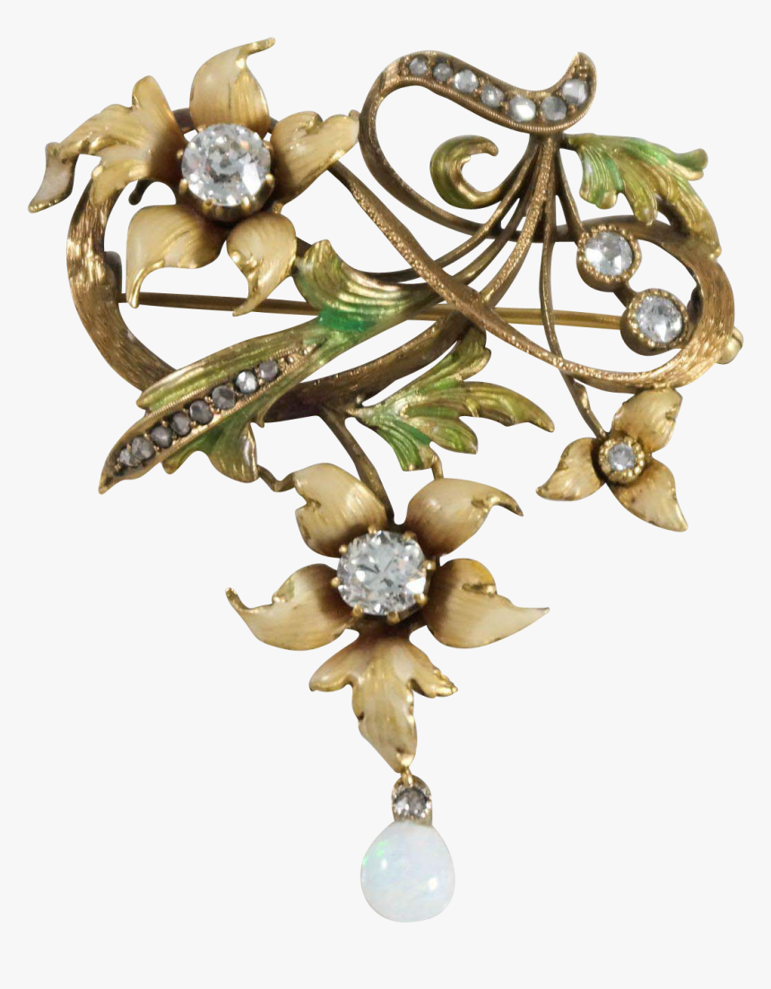 Art Nouveau 14k Yellow Gold Diamond, Opal, And Enamel - Art Nouveau Floral Jewelry, HD Png Download