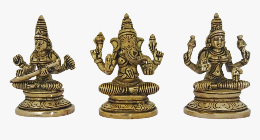 Set Of Ganapati, Lakshmi And Saraswathi Brass Statue, - Brass, HD Png Download
