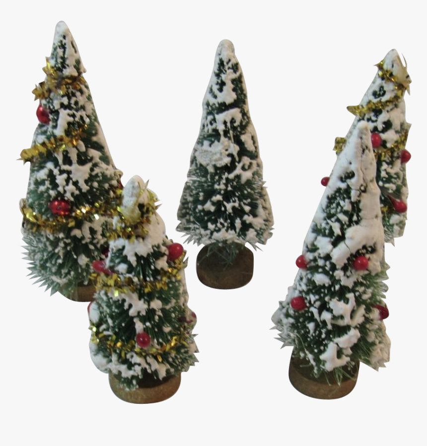 5 Flocked Bottle Brush Trees Tinsel Berries And Mercury - Christmas Tree, HD Png Download