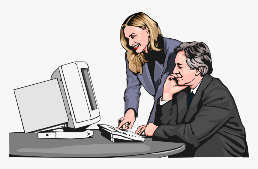 Vector Illustration Of Businessman And Woman At Computer - Illustration, HD Png Download